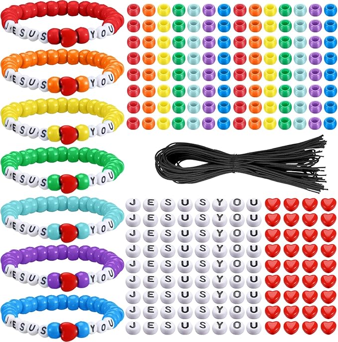 Ferreve 35 Sets Easter Rainbow Religious Bead Wristband Craft Kit Jesus Love You Faith DIY Bead Craft Kit Love Letter Charms for Vbs Week Sunday School Christian Bible Verse Gifts Making