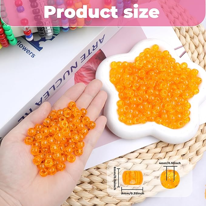 Plastic Pony Beads, 1000 Pcs, 6x9mm, for Bracelet, Hair Braiding, Friendship Bracelets, Jewelry Making (Orange Glitter)