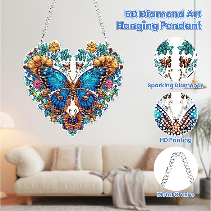 MOGTAA Butterfly Diamond Art Hanging Pendant Kits, 5D Special Shape Diamond Art Kits for Adults, Crystal Rhinestones Flowers Diamond Painting Gem Art for Home Garden Wall Decor