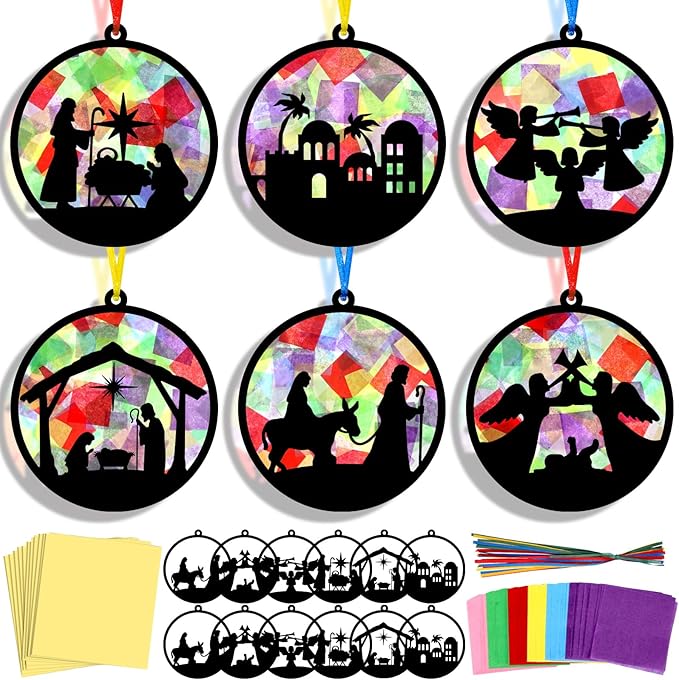 AmazingSpark 30 Pcs Christmas Nativity Ornaments Crafts Kits Bulk Christian Nativity Suncatchers Art Xmas Birth of Jesus DIY Stained Glass Effect Tissue for Religious Church Classroom Activities Party