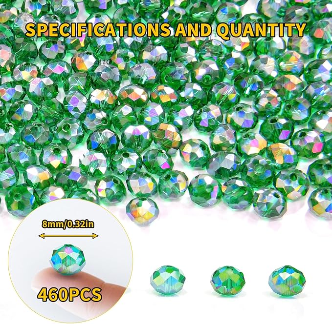 laopottbeads 460pcs 8mm crystal glass beads for jewelry making beads for bracelets necklace pendants making supplies(malachite green)
