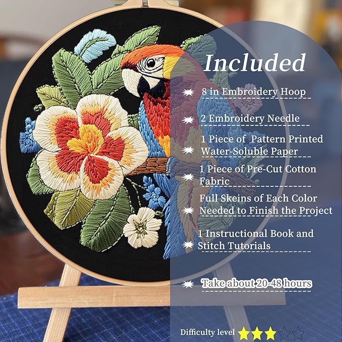 fonnuy embroidery kit for beginners, birds with flowers pre-stamped pattern kits for adults with hoop, easy to follow color thread needlework, 8'' hoop (orange parrot)