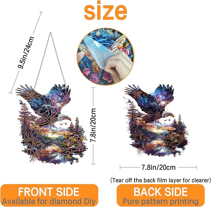 Ginfonr Diamond Painting Kits Hanging Pendant, Eagle Diamond Art Kits for Adults, Special Shaped Rhinestone Landscapes Diamond Art, Double Sided Home Hanging Kits for Garden Wall Window (8 x 8inch)
