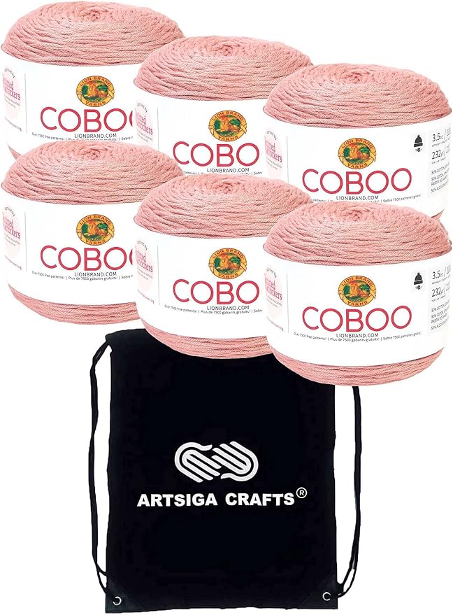Lion Brand Coboo Mauve 835-145 (6-Skeins - Same Dye Lot) DK Light Worsted #3 Cotton, Bamboo Yarn for Crocheting and Knitting with Project Bag