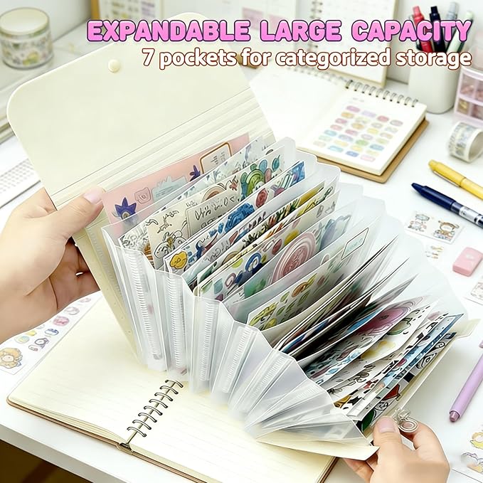 Sticker Storage Organizer with 7 Expandable Pockets, Multi-Layer Desktop Sticker Binder for Scrapbook Essentials and Journal Organizer, Large Capacity for Thick Sticker Album, Washi Tape(Cream)