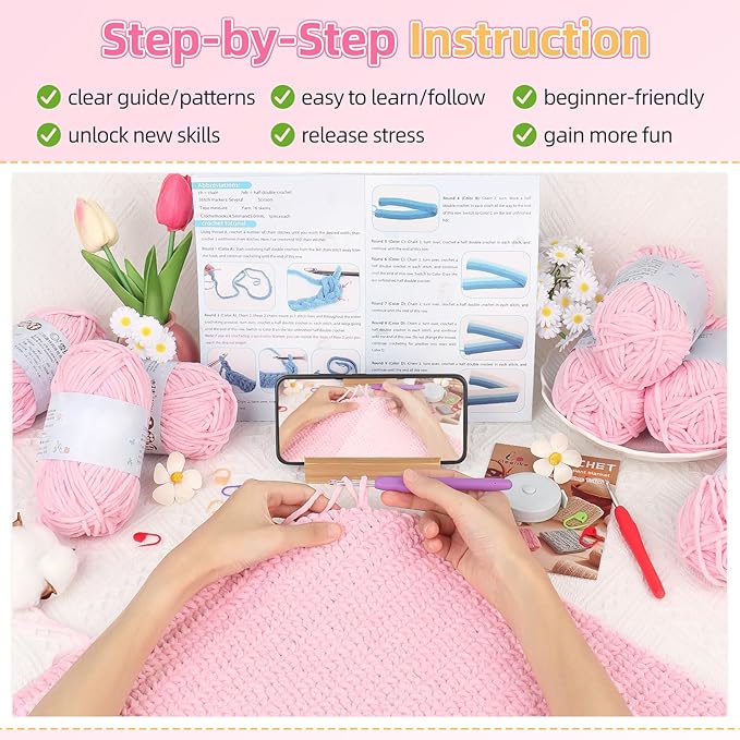 Aeelike Blanket Crochet Kit for Beginners, Easy Crochet Blanket Kit with Soft Chenille Yarns Detailed Instruction Crocheting Accessories Complete Beginners Crocheting Kits, Sakura Pink