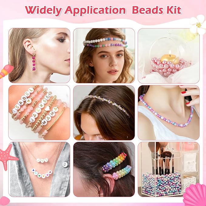 Qinzave 1074PCS Mermaid Bracelet Making Kit with Letter Beads, Bracelet Making Kit with Assorted Sizes 6mm 8mm, Mermaid Charm DIY Beads for Bracelet Necklace Earring Art Craft