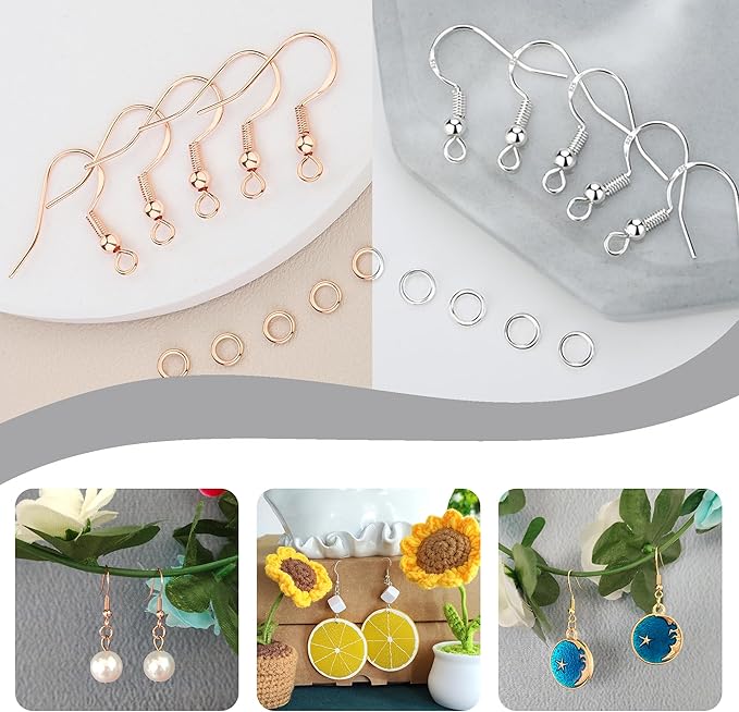 MAIBAOTA Hypoallergenic Earring Hooks, 602 Pcs Silver and Rose Golden Plated Earring Hook, Earring Kit Include Earring Backs, Jump Rings, Earring Findings, DIY Jewelry Making Tools