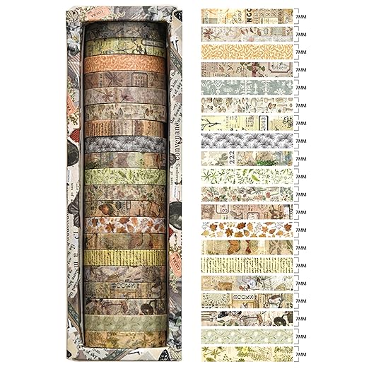 20 Rolls Skinny Vintage Washi Tape Set Retro Arts Adhesive Tapes Basic Patterns Decorative Masking Tape Sets for Craft, Kids, Scrapbook, DIY, Gift Wrapping (Forest Isles)