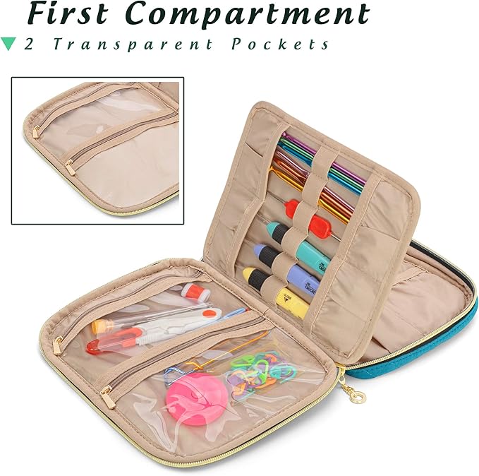 Yarwo Crochet Hook Case, Travel Organizer Holder for Crochet Hooks, Circular Knitting Needles, Knitting Needles (up to 8") and Other Supplies, Teal (Bag Only, Patented Design)