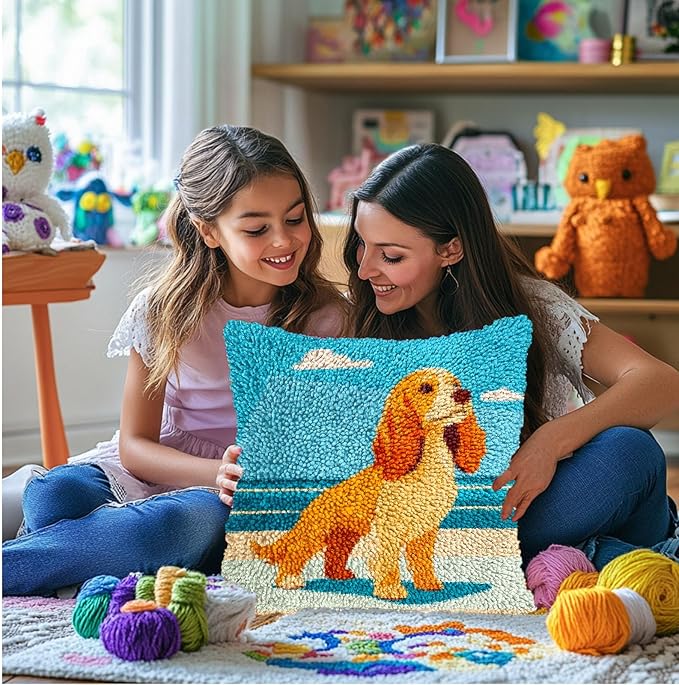 DIY Latch Hook Pillow Kits for Adults Cute Cartoon Cocker Spaniel Dog on Beach Printed Pillowcase Crochet Yarns Hooking Handmade Pillow Cover Cushion for Home Sofa Decoration 17x17inch(3)