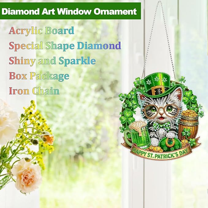 CEOVR St. Patrick's Day Diamond Painting Pendant, Cat Hanging Diamond Art for Adults, DIY Gem Art Wall Hanging Ornament, Acrylic Home Garden Decor with Chain, Box Kit 7.55×7.87inch