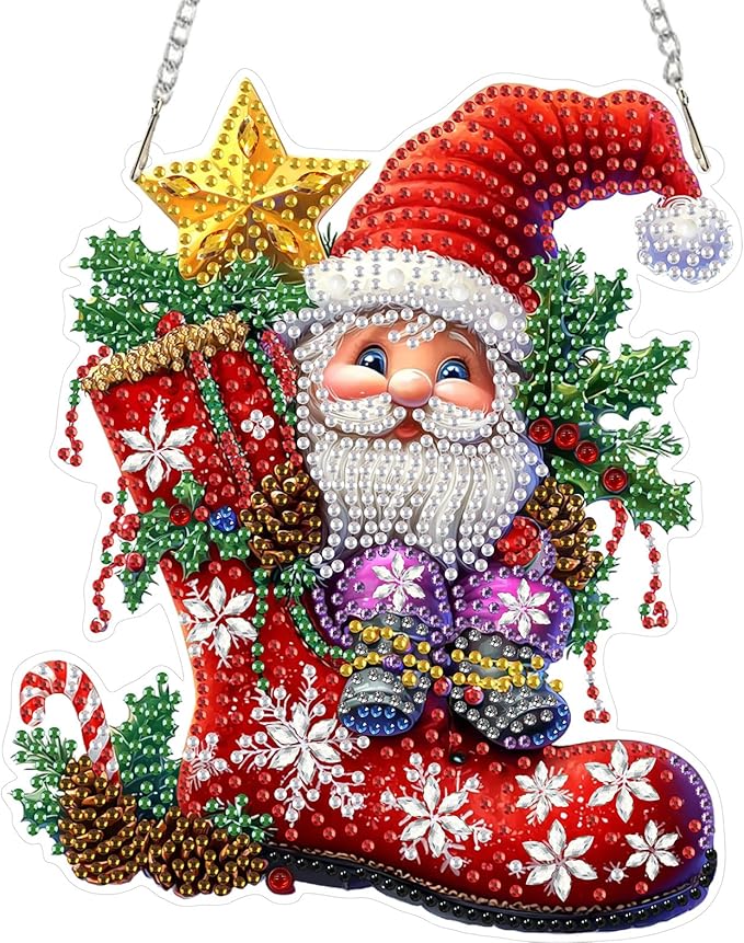 RICUVED Christmas Hanging Diamond Art Kit for Adults, Gnome Special Shaped Crystal Gem Craft Boots Diamond Painting Pendant Kit for Beginners, DIY Hanging Acrylic Art Ornament for Home Garden Decor