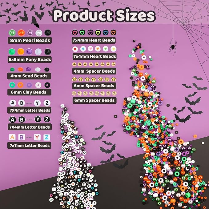 3010 Pieces Halloween Bracelet Making Kit, Assorted Halloween Bead Polymer Clay Beads Skull Beads Glasses Pearl Bead for Necklace Jewelry Making DIY Crafts