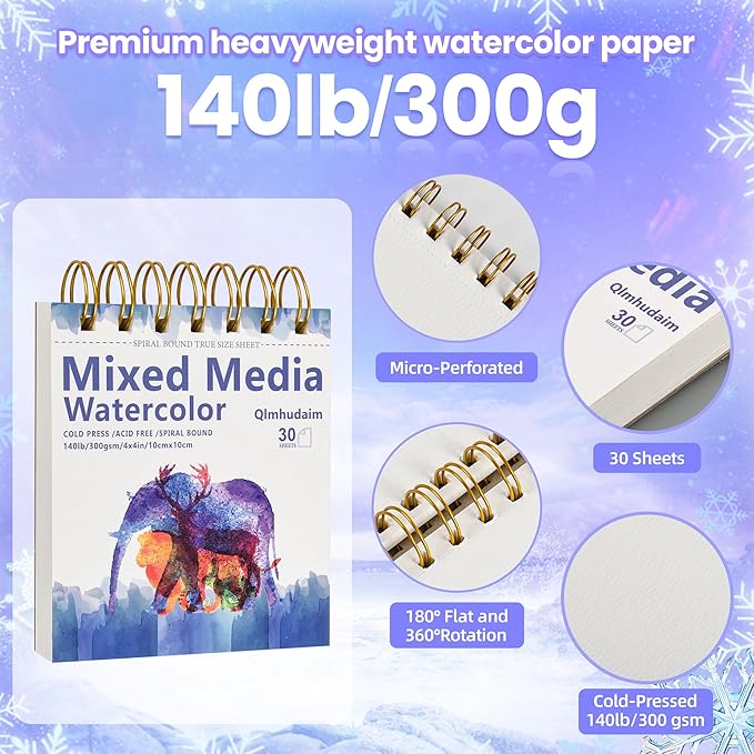 Qlmhudaim Mixed Media Sketchbook 4" x4”| 30 Sheets 140lb/300g,Spiral - Bound with Tear - Line| Artist-Grade for Water Color Paper/Sketch Book |A Compact Watercolor Paper,Sized Exercises or Travel