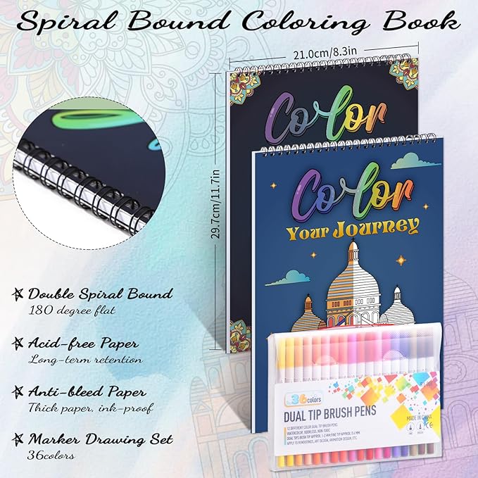 8.3×11.7in Adult Mandala Coloring Book Set for Relaxation, 2 Pack Spiral Bound Coloring Books for Women with 36 Colors Markers, Mindfulness Stress Relief 40 Patterns for Adults, Teens, Ideal Gift
