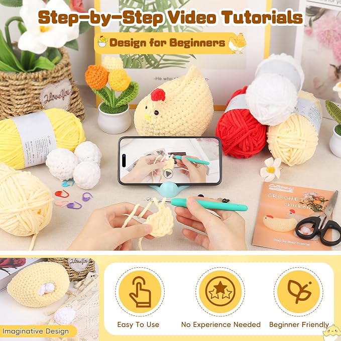 Coopay Crochet Kit for Beginners, Egg-Laying Mama Hen, Easy Chicken Crochet Kit with Step-by-Step Video Tutorial, Cute Crochet Animals Kit for Adults, Easter Gifts, Chenille Yarn, 1 Chicken+3 Eggs