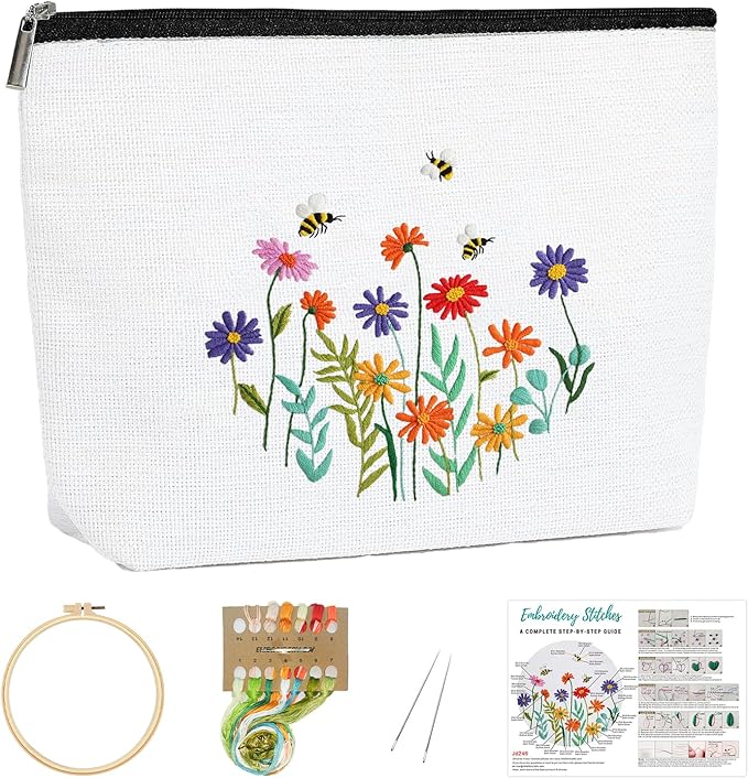 Louise Maelys Embroidery Kit for Beginners,Canvas Makeup Bag,Cross Stitch Kits for Adults,Arts Crafts Needlepoint-Daisy Floral Pattern