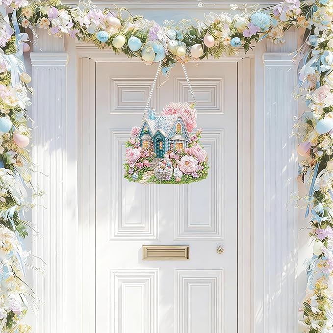 NAIMOER Easter House Diamond Art Hanging Kits for Adults, 5D Special Shaped Rhinestone, DIY Acrylic Spring Diamond Art Painting Window Pendants Home Garden Wall Hanging Ornament Kits, Double Sided