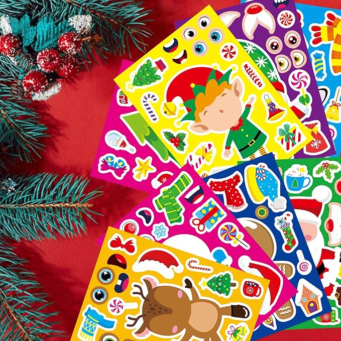 32 sheets christmas stickers for kids, make your own characters mix and match sticker, make a face stickers winter holiday gift, xmas party games sticker christmas party favor