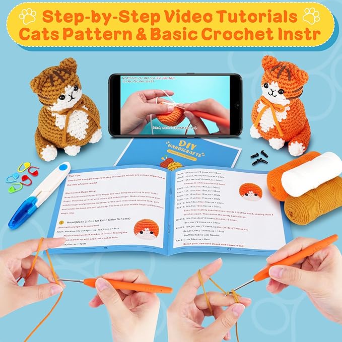 Crochet Kit for Beginners, 2PCS Cat Crochet Animal Kit with Step-by-Step Video Tutorials, Beginner Crochet Kit for Adults, Crochet Starter Kit for Women, Learn to Crochet Cats, Gifts for Birthday