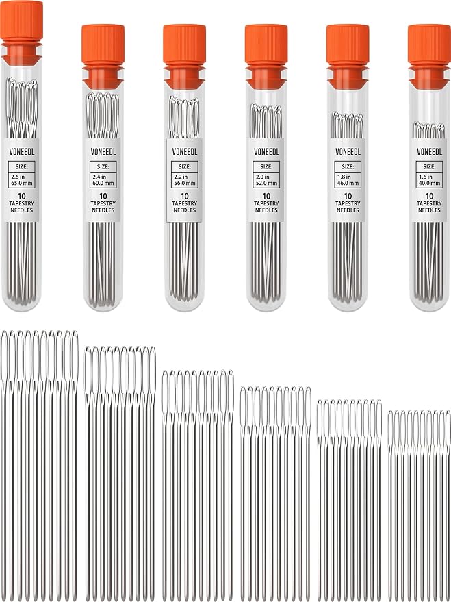 VONEEDL Large Eye Blunt Tapestry Needles (Pack of 60) - 6 Sizes with 6 Storage Tubes - Perfect for Darning, Embroidery, Cross-Stitching, Needlepoint, Crafting, Knitting, Weaving, and DIY