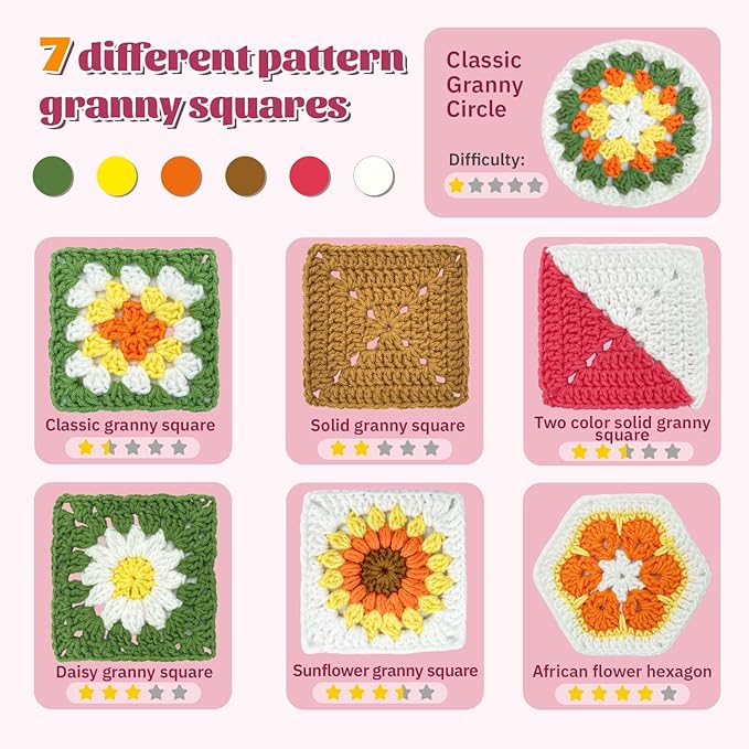 SGIBYN Crochet Kit for Beginners with Step-by-Step Video Tutorials, Granny Squares Beginners Starter Crochet Kit for Women Knitting Kits Learn to Crochet Set (Granny Squares)