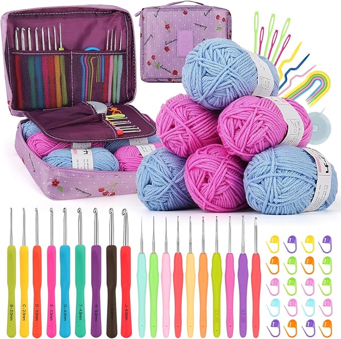 coopay crochet kit for beginners, 50pcs crochet starter kit w small ergonomic crocheting hooks, protable bag, acrylic yarn for crocheting, knitting supplies -learn to crocheting complete crochet kit