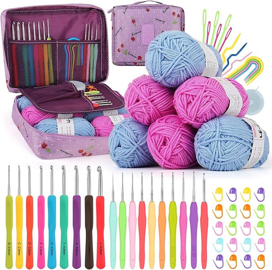 coopay crochet kit for beginners, 50pcs crochet starter kit w small ergonomic crocheting hooks, protable bag, acrylic yarn for crocheting, knitting supplies -learn to crocheting complete crochet kit
