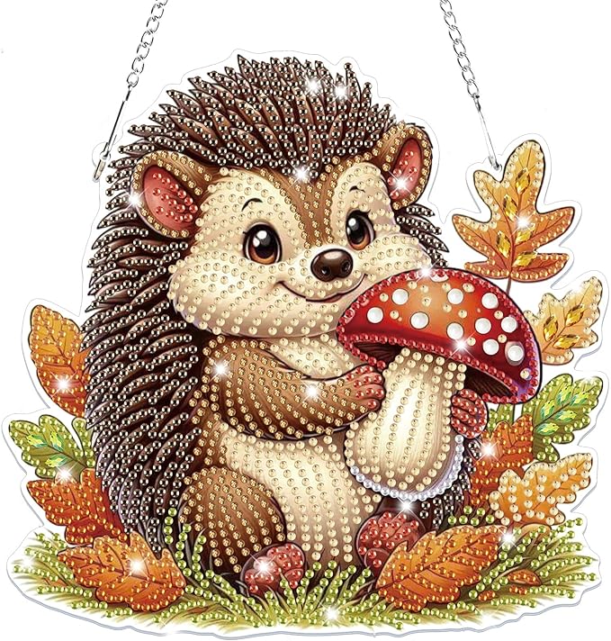 Bowetile Fall Diamond Art Hanging Kits for Adults, Hedgehog Diamond Art Suncatchers, 5D Special Shape Autumn Diamond Painting Pendant Window Ornament Gifts for Home Door Wall Decor