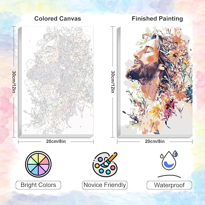 Yezavesu Framed Paint by Numbers Kit for Adults Beginner & Kids Ages 8-12, Jesus Paint by Numbers with Frame, DIY Number Painting for Adults Colorful Flowers for Home Wall Decor Gift 8X 12 inch