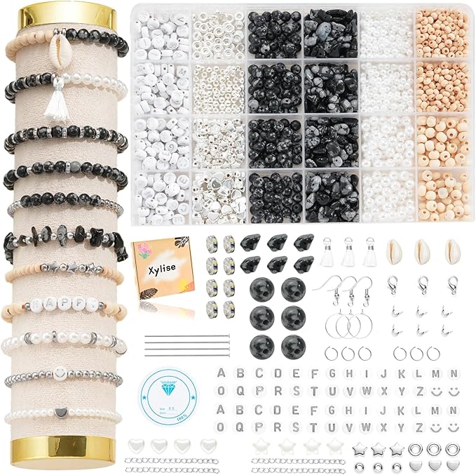 xyliise bracelet making kit natürliche perlen set for adults beads for bracelets silver jewelry making supplies diy jewelry necklace earrings (cz006-black and white)