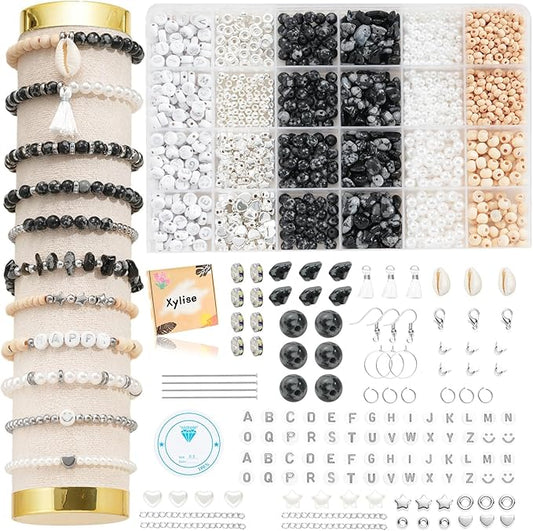 xyliise bracelet making kit natürliche perlen set for adults beads for bracelets silver jewelry making supplies diy jewelry necklace earrings (cz006-black and white)