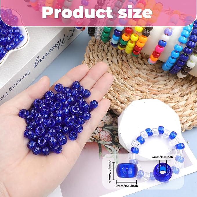 Plastic Pony Beads, 1000 Pcs, 6x9mm, for Bracelet, Hair Braiding, Friendship Bracelets, Jewelry Making (Blue Glitter)