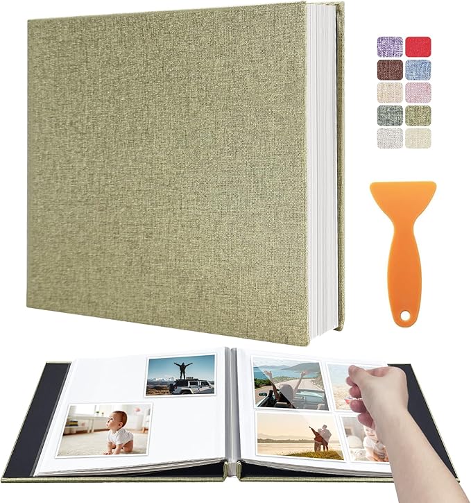 Large Photo Album Scrapbook, Holds 4x6, 8x10 Pictures, Self-Adhesive Pages for Baby, Wedding, Travel & Family Memories, Includes Metallic Pen & Scraper, Light Matcha DIY Memory Book for Gifts