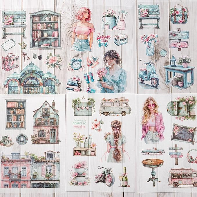 Stickers for Journaling, 20 Sheets Fashion Junk Journal Sticker, Cyan PET Washi Materials Scrapbooking Supplies for Adults, People Women Transparent Decorative Art Crafts