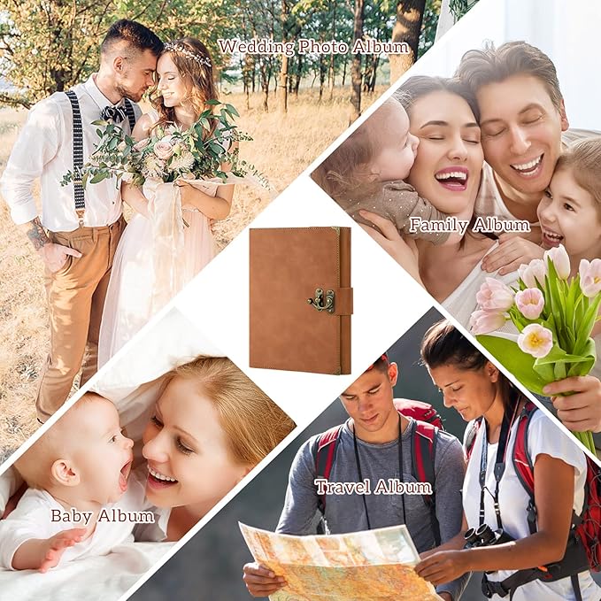 ZEEYUAN Journal Scrapbook Photo Album PU Leather Scrap Book Mothers's Day Gift for Mom Valentines Couples Gift Vintage Family Scrapbook Memory Couples Photo Book 60 Pages