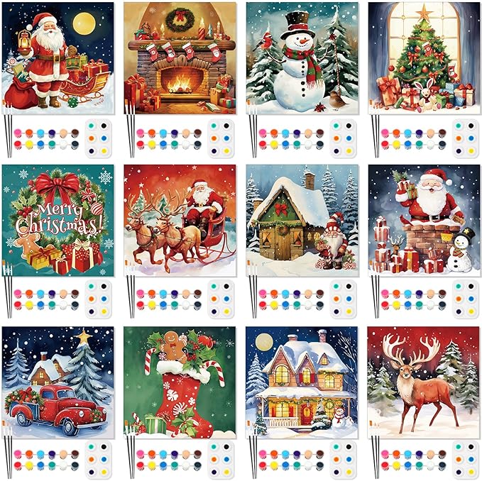 Ctosree 12 Pack Pre Drawn Canvas Kit for Painting Sip and Art Paint Kit for Adults Pre Painted Canvas Party Favors for DIY Holiday Party Date Night Gifts(Classic Xmas,8 x 8 Inch)