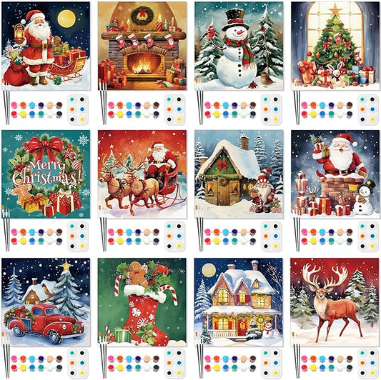 Ctosree 12 Pack Pre Drawn Canvas Kit for Painting Sip and Art Paint Kit for Adults Pre Painted Canvas Party Favors for DIY Holiday Party Date Night Gifts(Classic Xmas,8 x 8 Inch)