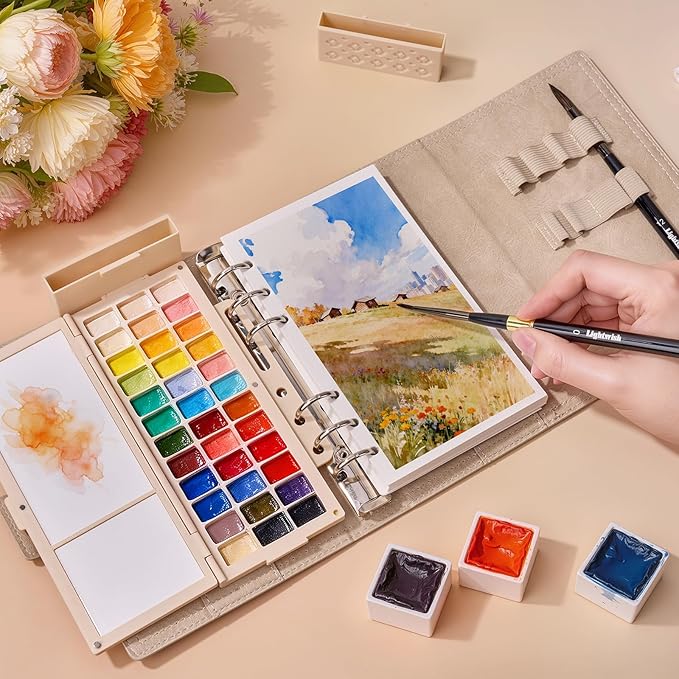 Travel Watercolor Sketchbook Set - 6.7x3.9 in 100% Cotton Cold Press 20 Sheets Binder Art Journal with 36-Well Empty Ceramic Paint Palette & 2 Travel Watercolor Brushes for Artists Outdoor Painting