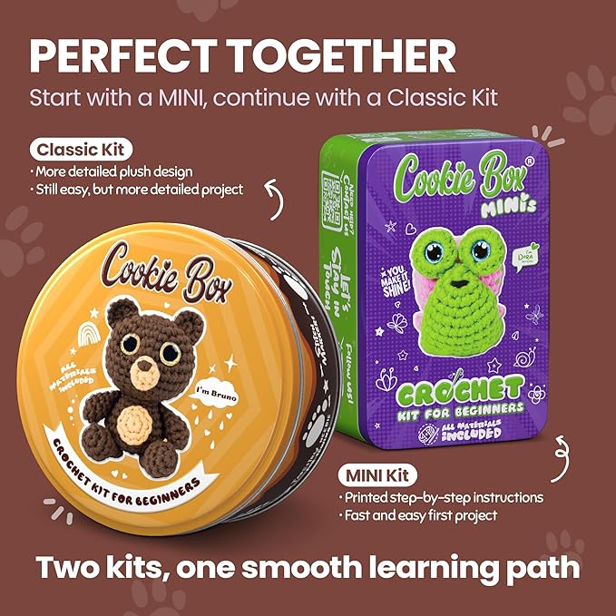 Cookie Box Original Crochet Kit for Beginners – Gift Set to Make Bear Bruno Amigurumi Plushie – Easy DIY Crochet & Knitting Starter Kit with Video and PDF Tutorials