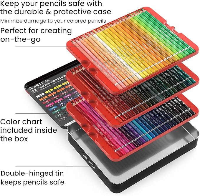 ARTEZA Watercolor Pencils, Set of 72, Water-Soluble Colored Pencils with 4 mm Break-Resistant Core, Pre-Sharpened Tips, and Metal Storage Tin for Blending, Layering, and Wet or Dry Techniques