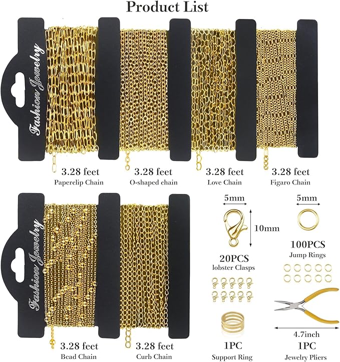 18K Gold Necklace Chain Kit for Jewelry Making, 20 Feet DIY Bracelet Chains with Jump Rings, Lobster Clasps, Connectors, Jewelry Pliers, 30 Colorful Graphic Charms & 36 Letter Pendants