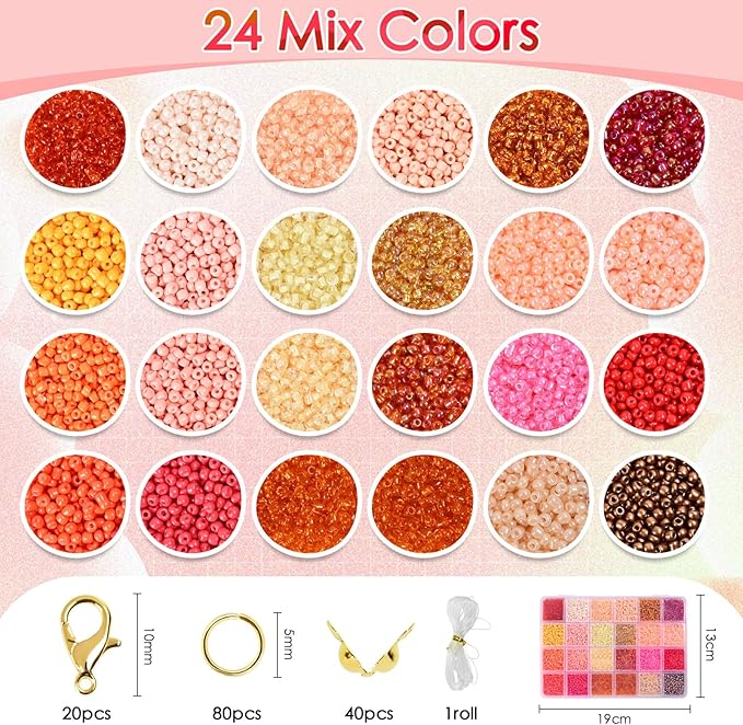 Vtssvow 3mm Glass Seed Beads for Bracelets Making, 24 Colors 10000pcs Friendship Bracelet Making Kit, Small Glass Beads for Jewelry Making (Mix 24 Color, Orange)