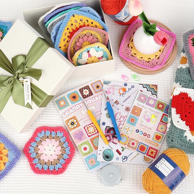 Coopay Crochet Kit for Beginners, Granny Square Crochet Kit with 2 Crochets Book & Video Card, Crochets Starter Kit for Adults Learn to Knitting, Granny Square Card Deck - 50 Mix & Match Designs