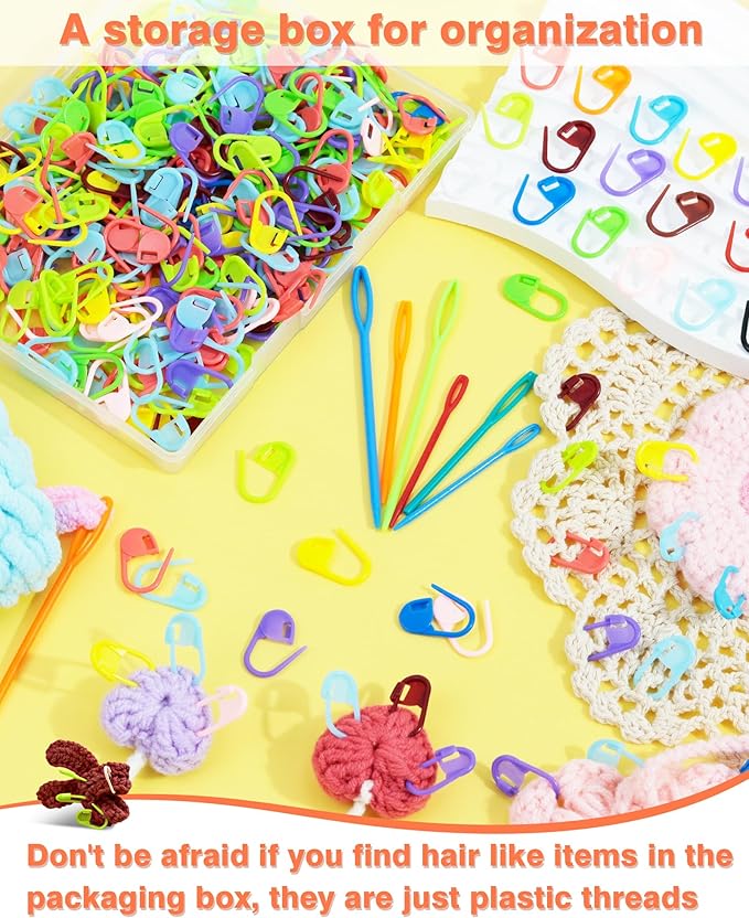 300pcs FIVEIZERO Stitch Markers with 6 pieces of large blunt sewing needles,colorful knitting markers,plastic crochet hook clip,bulk Crochet hook markers for knitting stitch locking clip crochet hooks