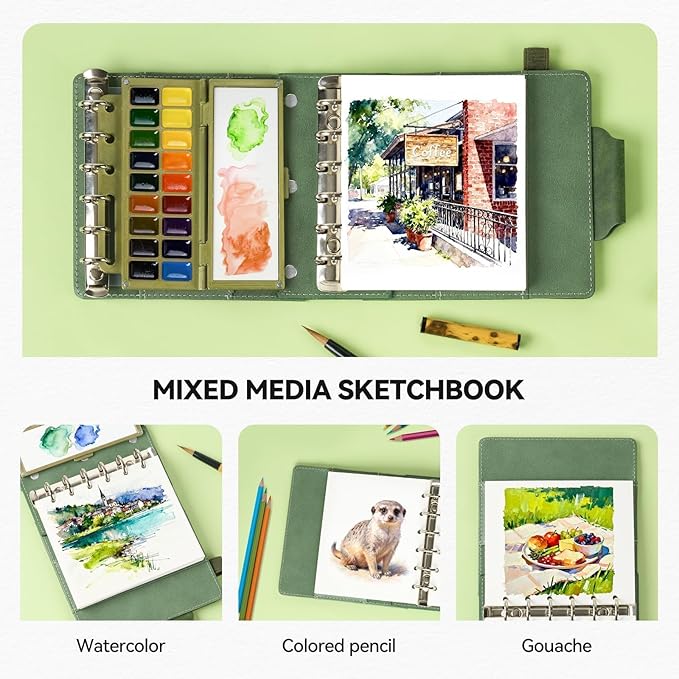 Portable Watercolor Sketchbook Set - 100% Cotton Hot Press 5.1x4.3 Inch 20Sheets Binder Art Journal with 18-Well Ceramic Paint Palette & Travel Watercolor Brushes for Artists Outdoor Painting
