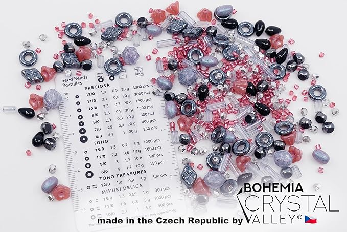 2.1oz (60 g) Mix of Unique Czech Bohemia Glass Pressed Beads, Matte and Glossy, Hand Made, Pink Gray Black Hematite