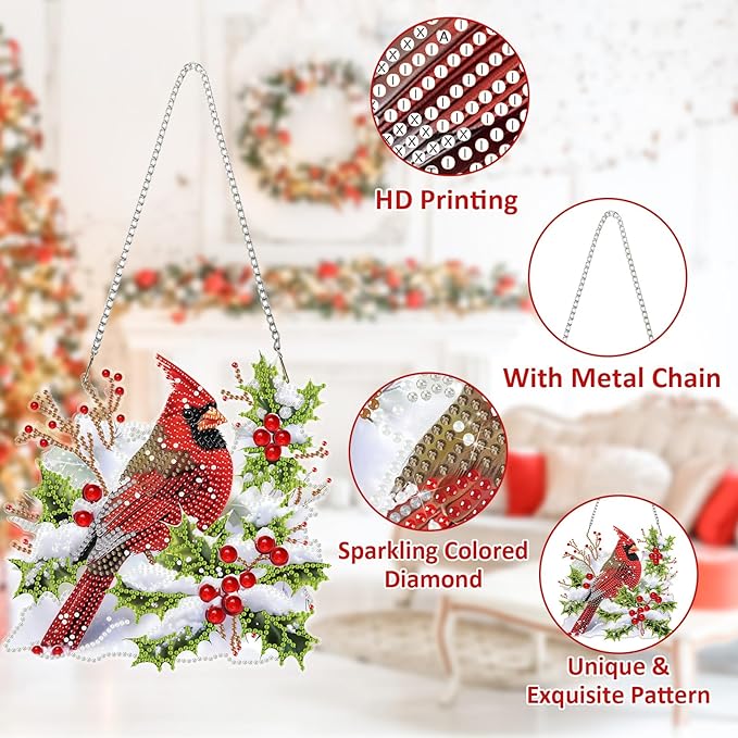 SENQAO Christmas Diamond Art Hanging Kits for Adults, Christmas Snow Cardinal Diamond Art Suncatchers, 5D Special Shape Diamond Painting Pendant Window Ornament Gifts for Home Door Wall Decor