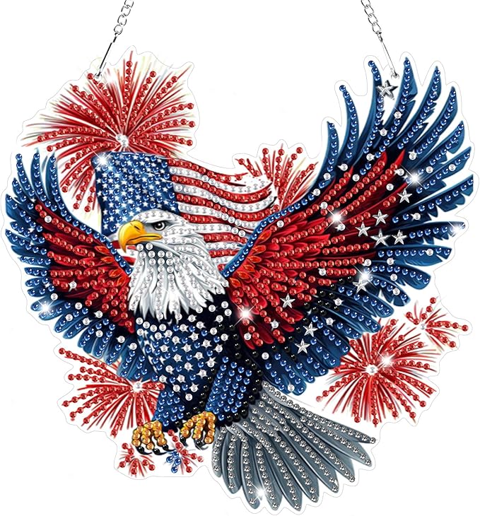 Bowetile Independence Day Bald Eagle 5D Diamond Art Hanging Kits for Adults, 4th of July Diamond Painting Window Pendant Kits, Special Shape Gem Art Suncatchers Ornament for Home Garden Wall Decor